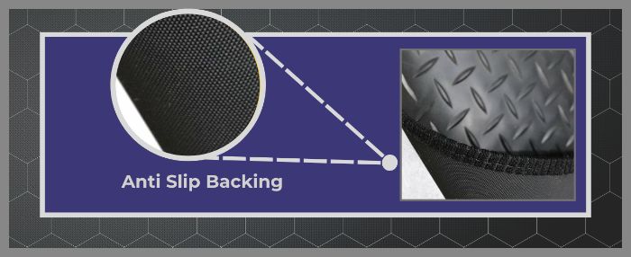Close-up view highlighting the anti-slip backing of a rubber car mat, featuring a zoomed-in section that shows the textured grip surface and black cloth edge for added stability and durability.
