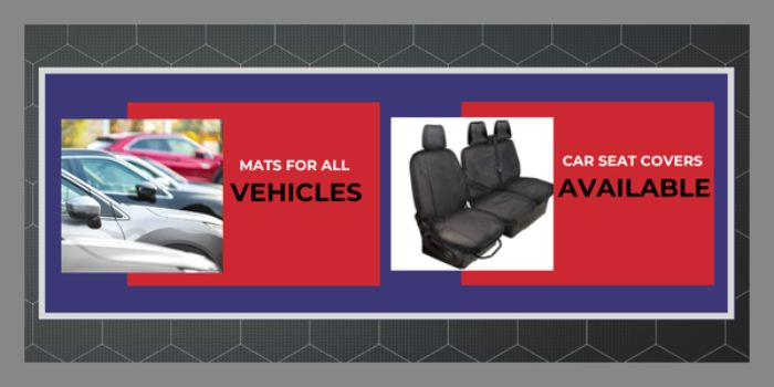 Promotional banner displaying mats for all vehicles on the left with a row of parked cars, and car seat covers available on the right with an image of a full black seat cover set, emphasizing product variety.