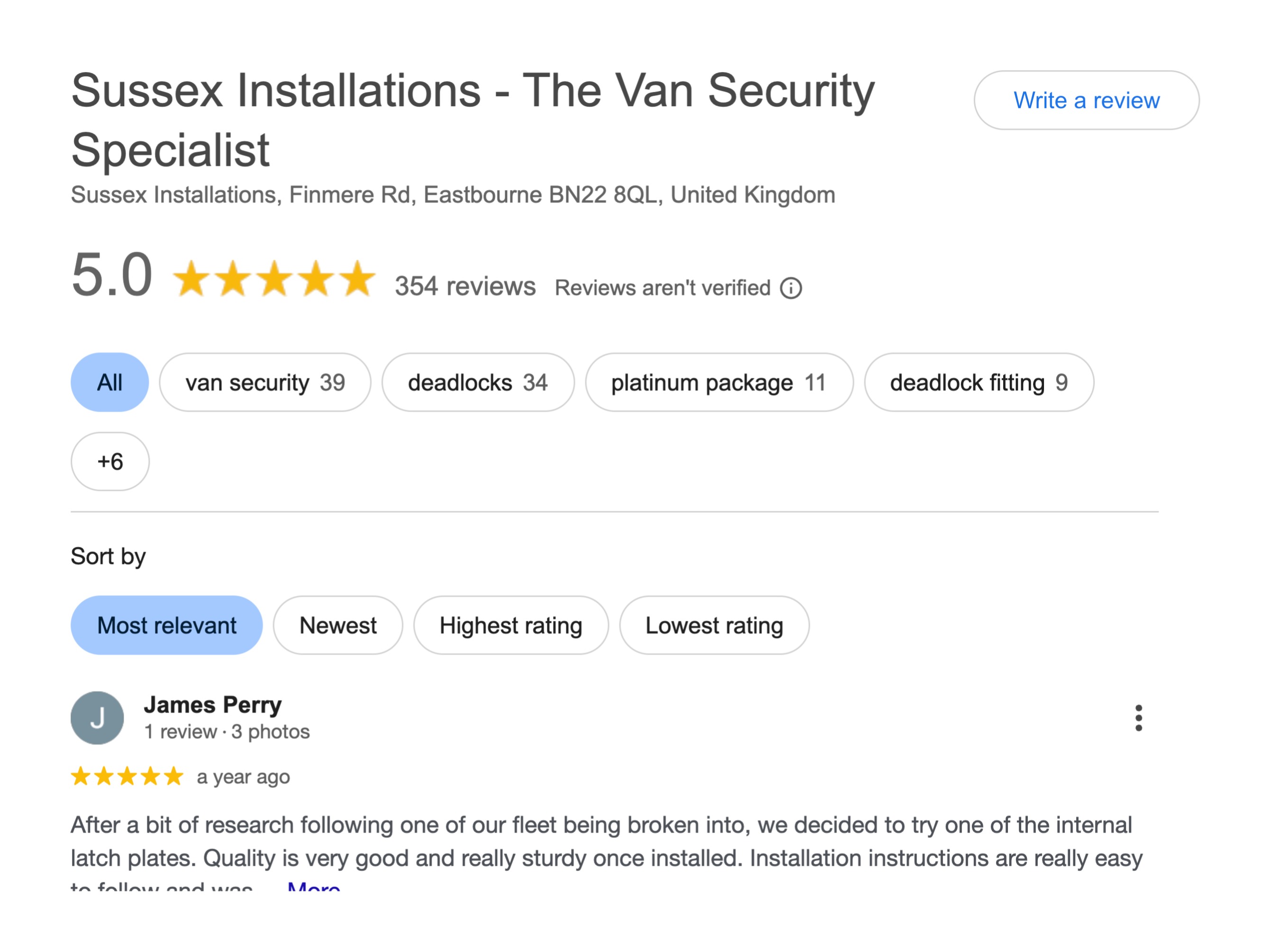 Screen grab of Google reviews showing 354 reviews and a 5 star rating